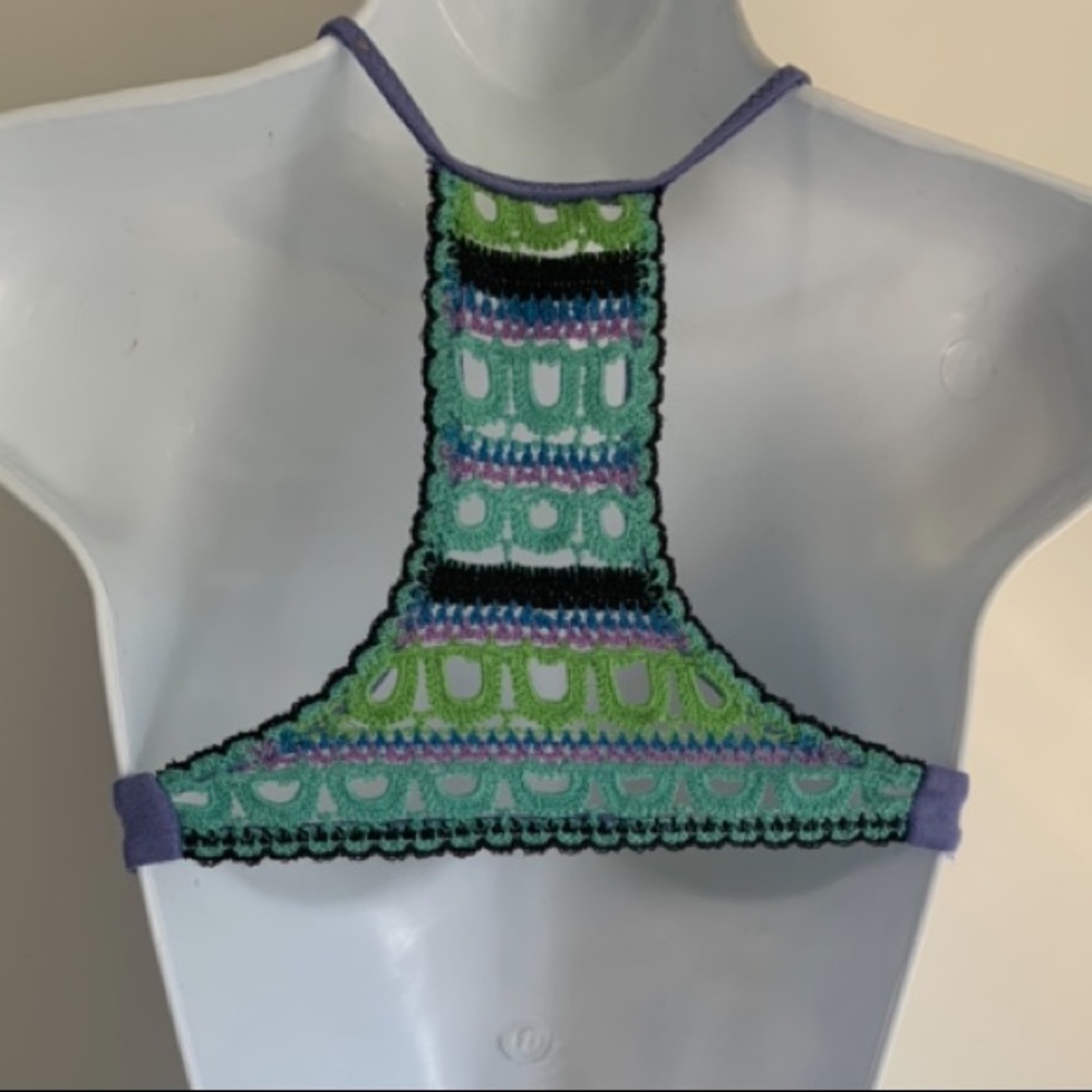 Vintage Crochet High-Neck Bikini Top in Green and Lavender